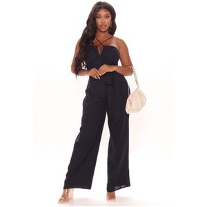 NWT Fashion Nova XL Navy Blue Catch a Glimpse Linen Wide Leg Jumpsuit